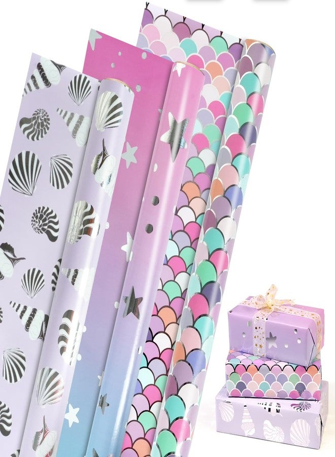 MAMUNU Birthday Wrapping Paper Rolls, Pink Purple Mermaid Gift Wrapping Paper Girls Women, Metallic Foil Shiny Wrapping Paper Rolls for Birthday Baby Bridal Shower Wedding, 3 Mini Rolls-17x118 Inch Per Roll. - Image 1